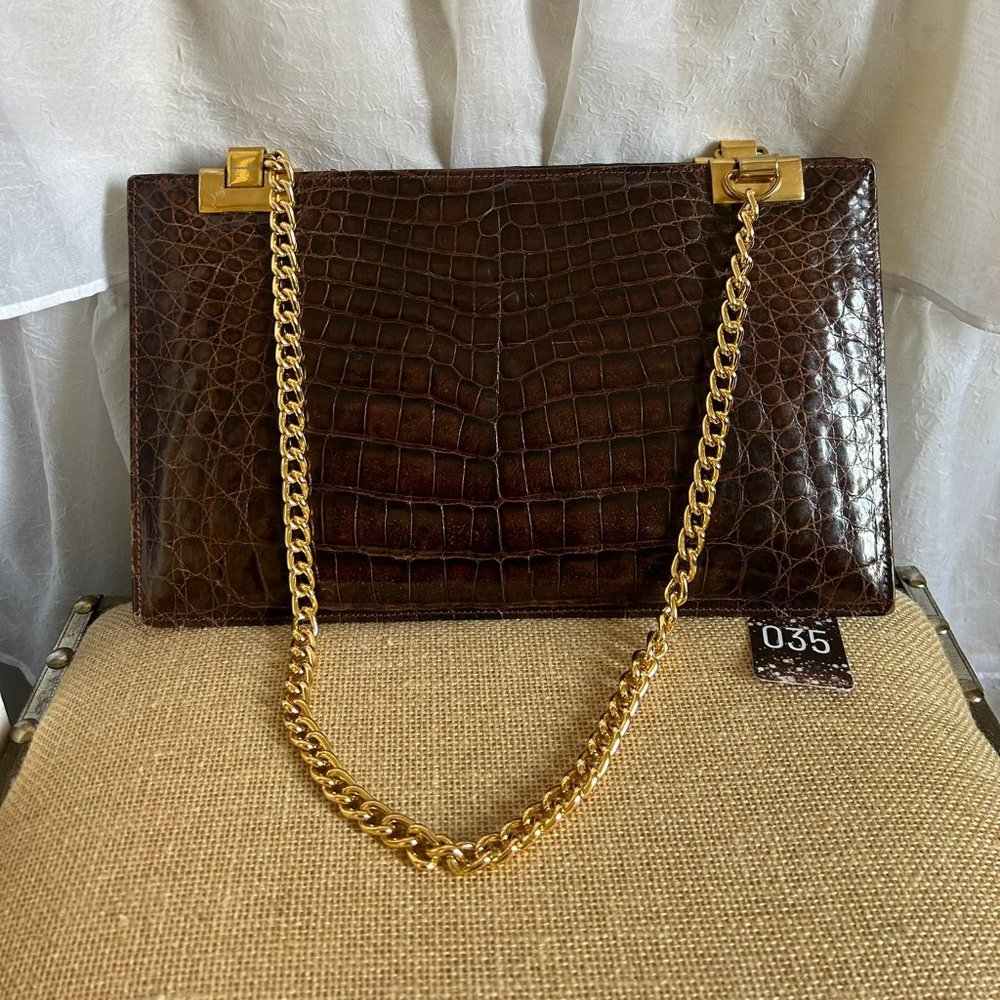 Genuine Alligator Vintage Argentine Shoulder Bag with Gold Trim